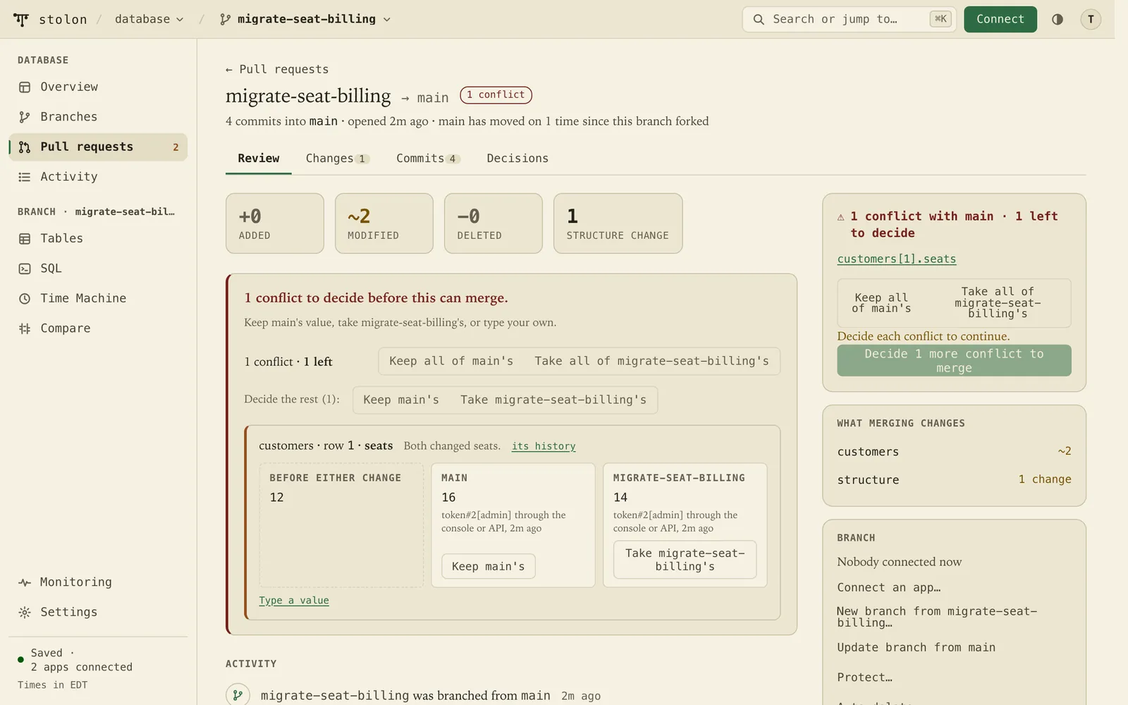 The console's review of migrate-seat-billing into main: one conflict to decide on customers row 1, seats (12 before either change, 16 on main, 14 on the branch), with a button to keep each side or type a value, and nothing merged until it is decided.